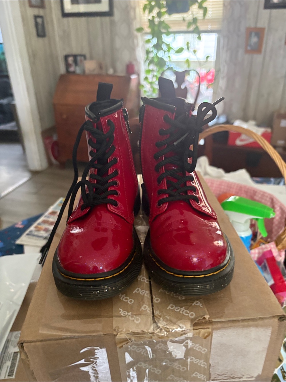 Dr. Martens Red Patent Lace-Up Combat Boots with Black Trim with purple sparkle